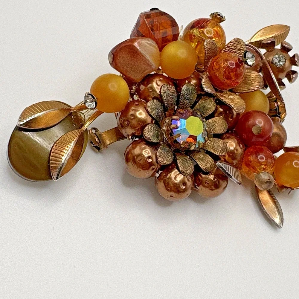 Vintage Brooch Flower AB Artglass Honey Bronze Thermoset Rhinestone MCM